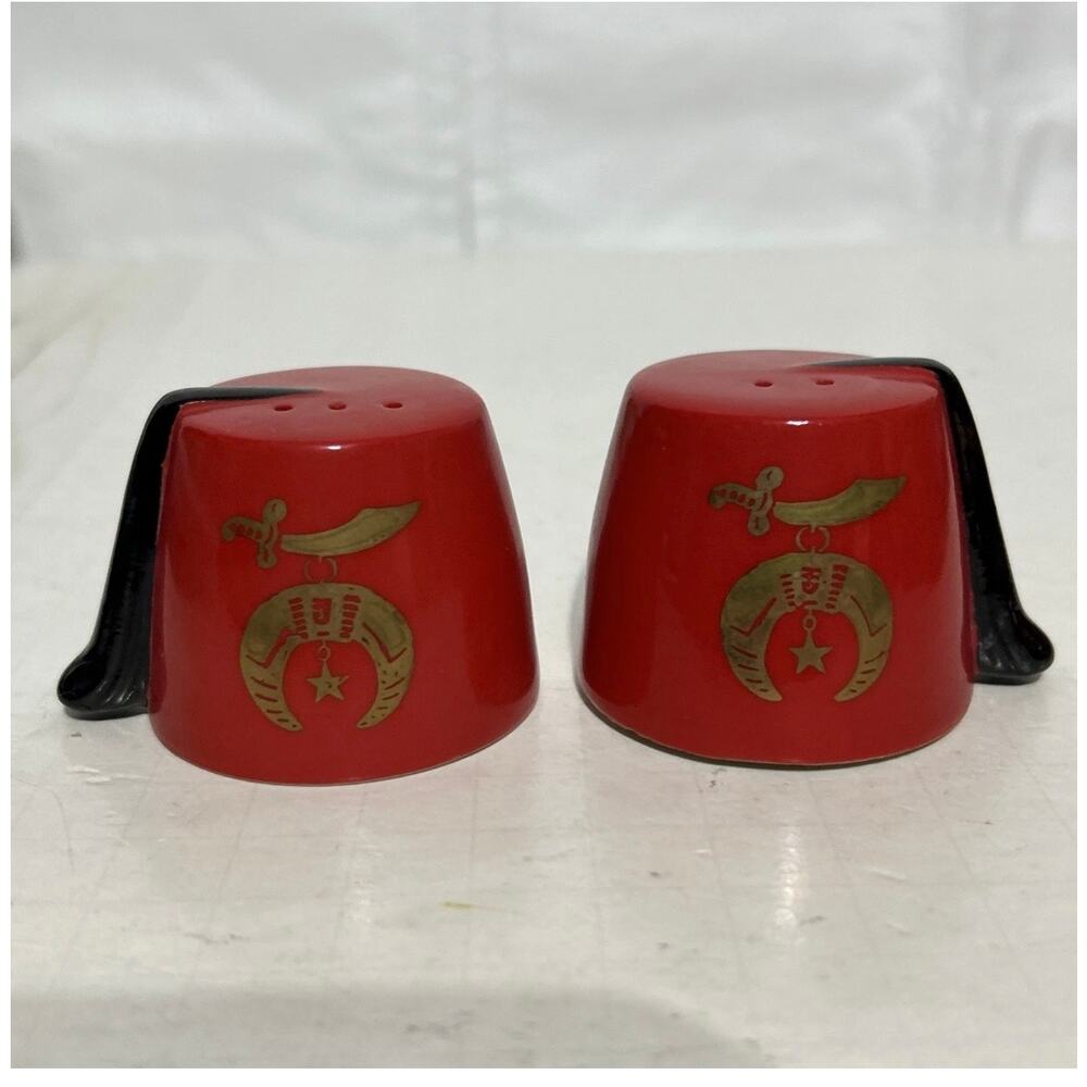 Shriner Masonic Fez Red/Gold Black Tassel Ceramic Salt Pepper Shakers- 20 sets